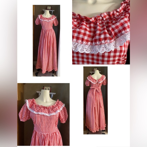 Vintage Gingham picnic red dress state fair women americana eyelet handmade 70s - Picture 1 of 9